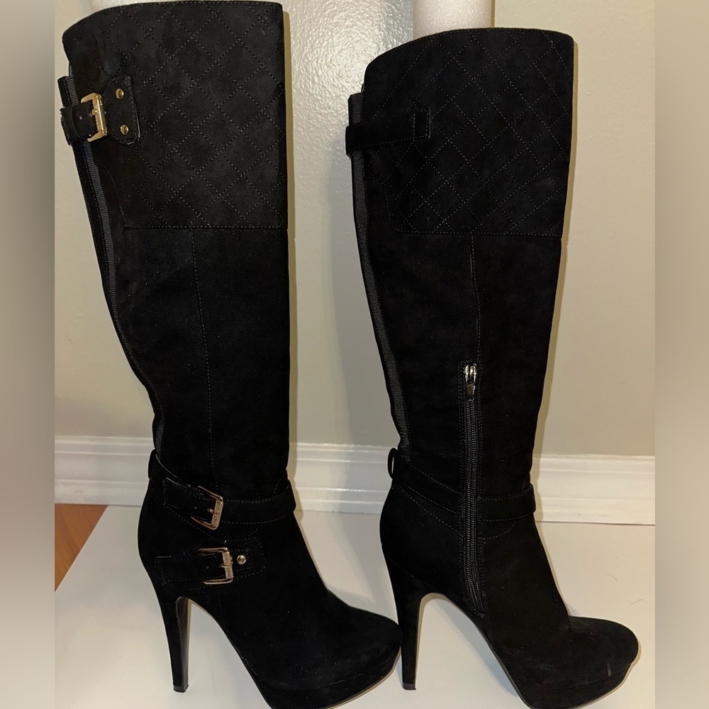 Guess GGDolli2 Black Quilted Platform Knee High Heeled Boots